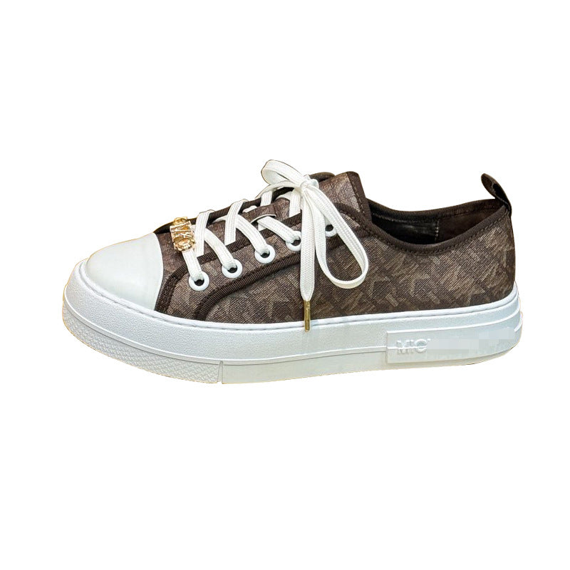 Zapatos informales de moda europea y estadounidense 2025 nuevo zapato blanco de cuero con cordones con hebilla metálica tendencia transfronteriza en la línea lateral