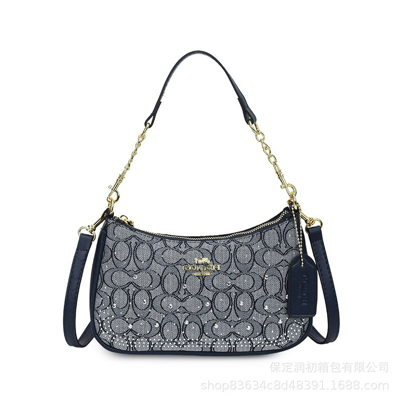 Bolso monograma Koujia con pedrería con media luna y media, nuevo bolso de cadena versátil transfronterizo, bolso bandolero cruzado de un solo hombro