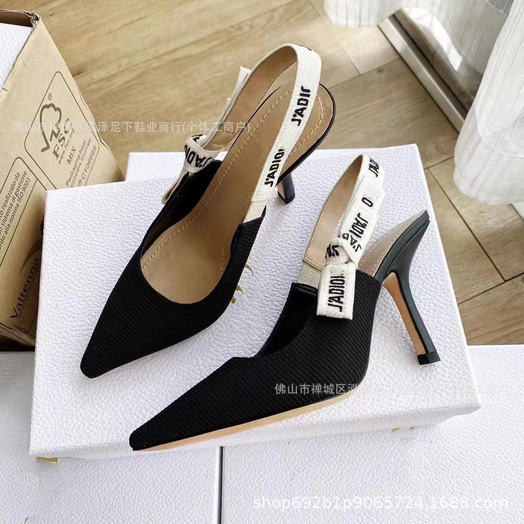 Primavera y otoño 2026 Nuevos tacones altos Zapatos familiares D Lazos de letras bordados Sandalias de cuero genuino Tacones de gato Tacones de aguja para mujer