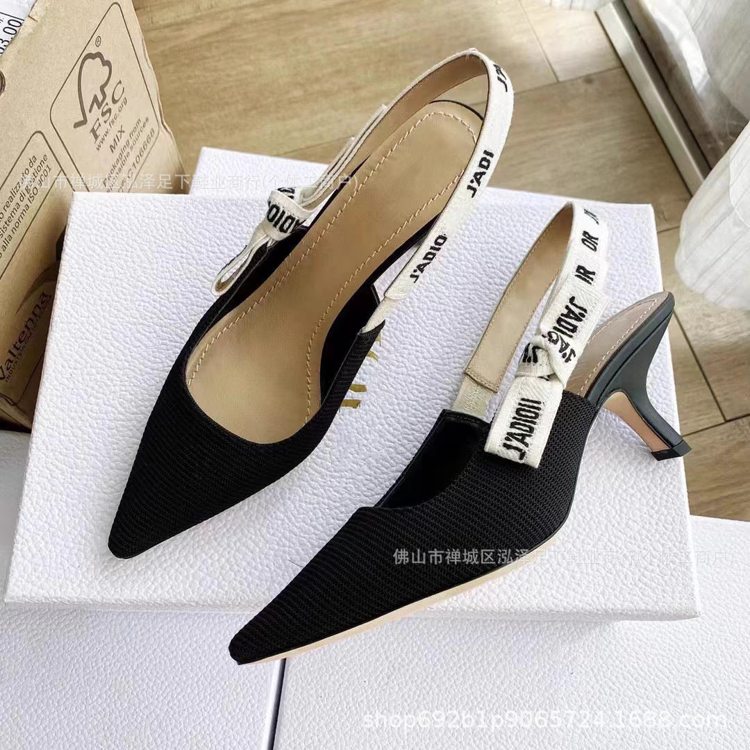 Primavera y otoño 2026 Nuevos tacones altos Zapatos familiares D Lazos de letras bordados Sandalias de cuero genuino Tacones de gato Tacones de aguja para mujer