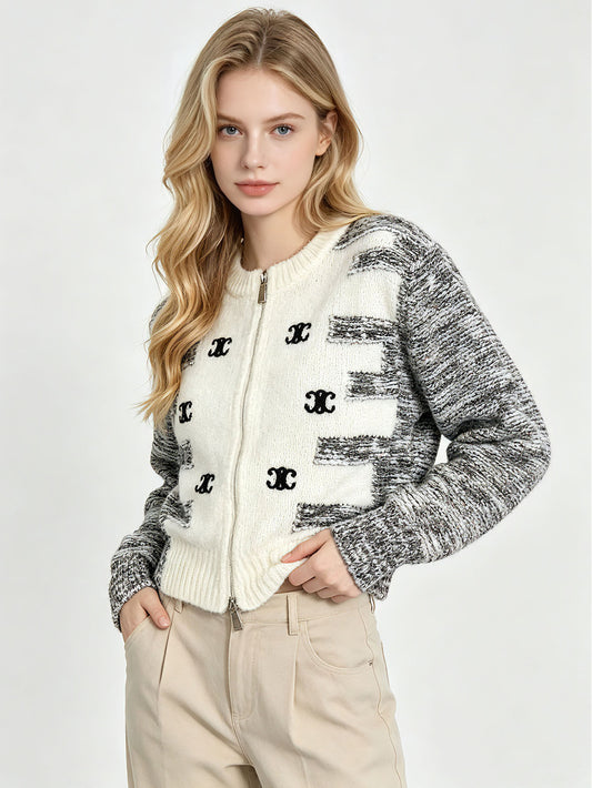 CE Embroidered Zip-Up Cardigan Sweater | Autumn Winter