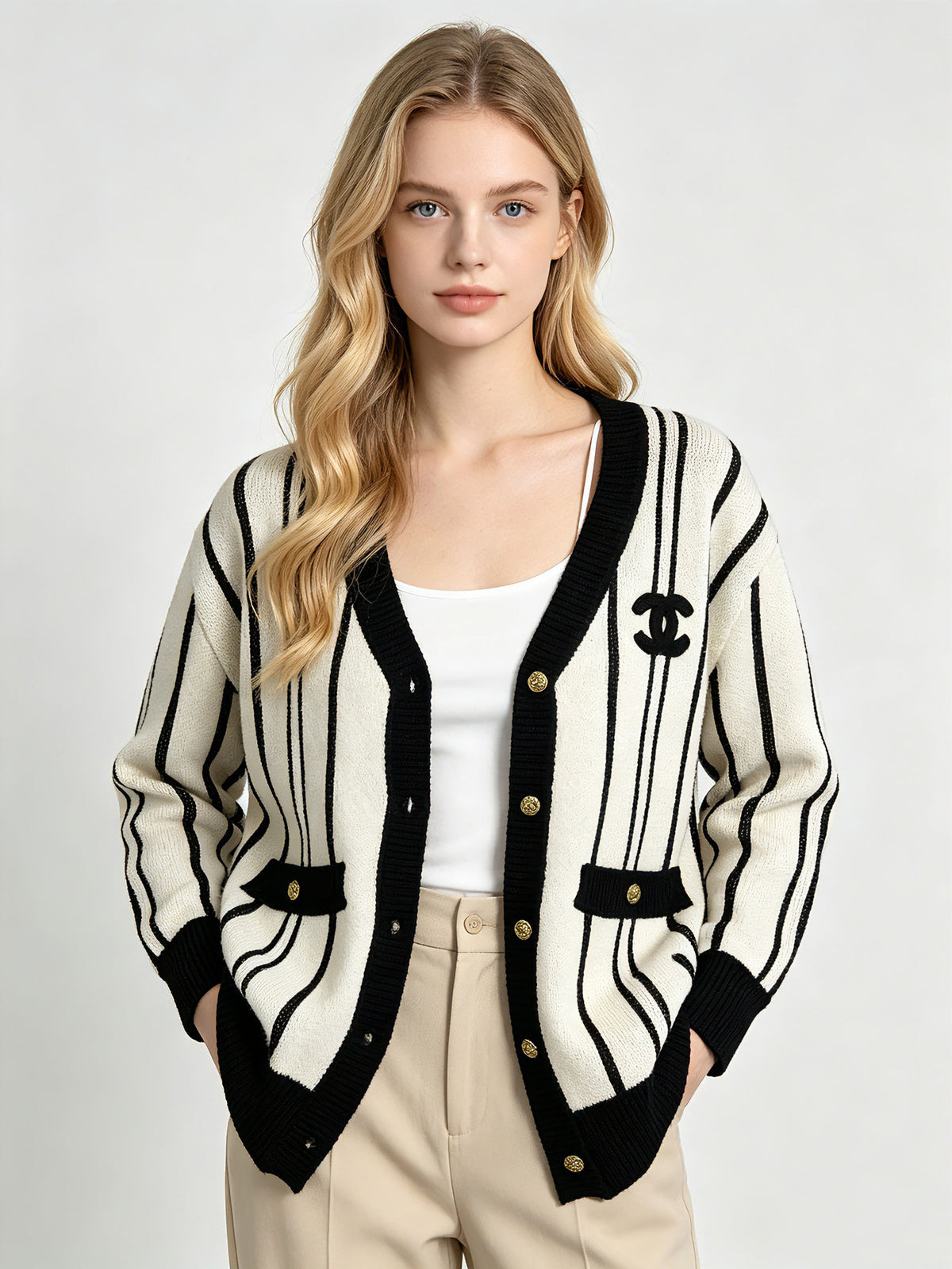 Women's CH cardigan | Vertical stripes and V-neck