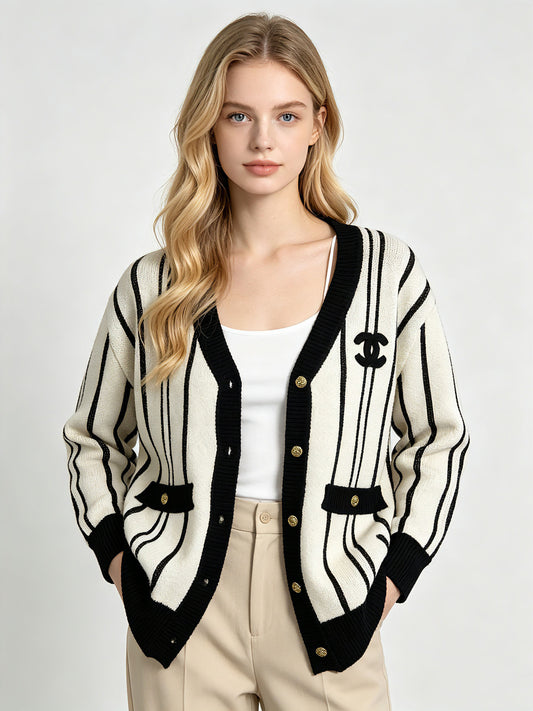 Women's CH cardigan | Vertical stripes and V-neck