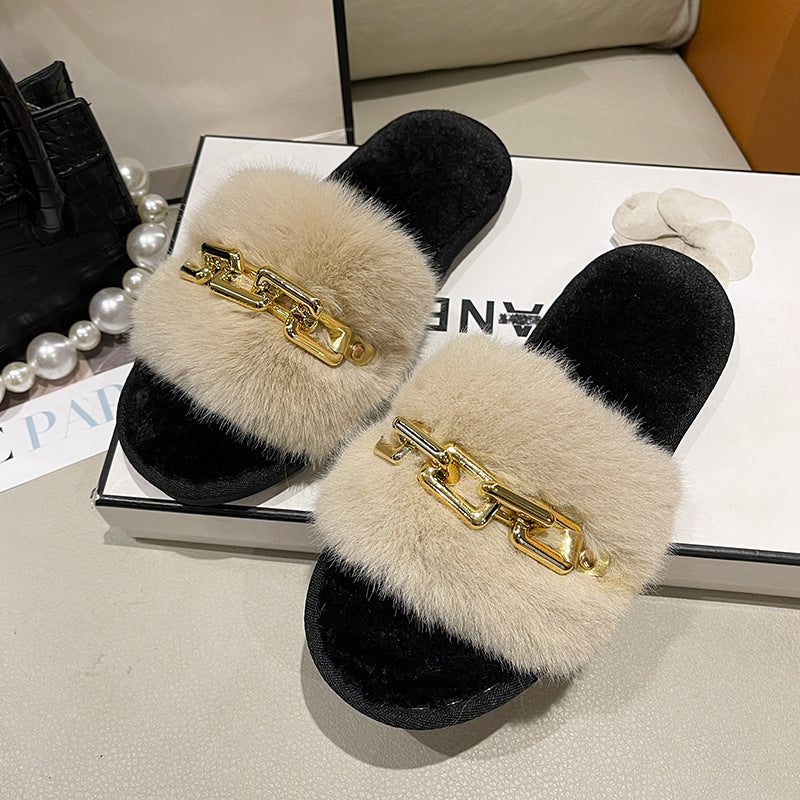 Zapatillas de piel nuevas para otoño e invierno transfronterizas, zapatillas de piel nuevas, moda femenina, cálida y gran cadena, zapatillas de tacón plano, tacón plano, comercio exterior