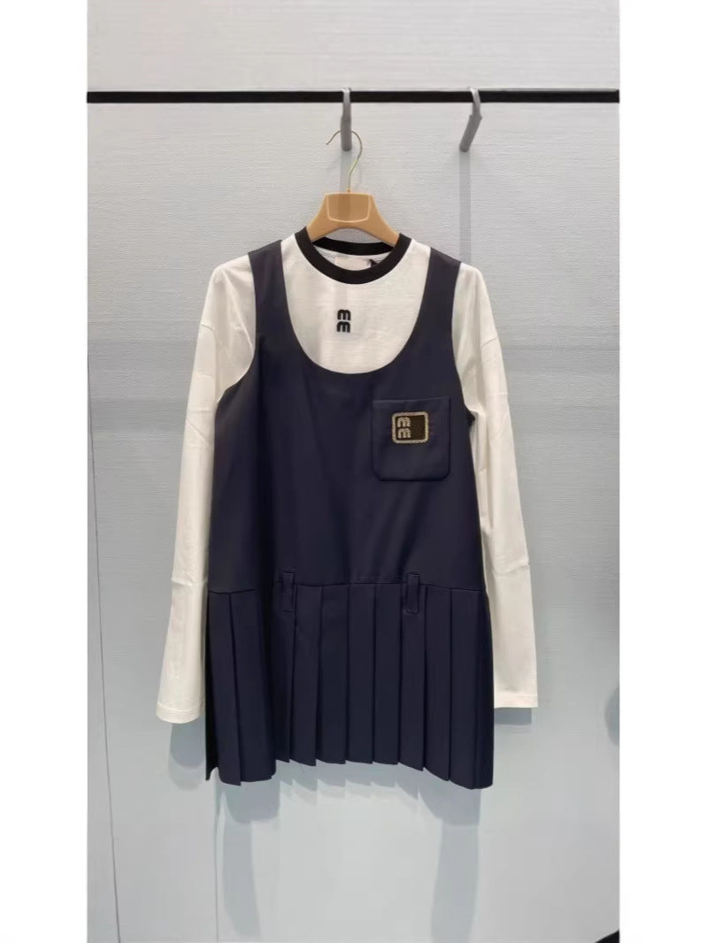 Nanyou Women's 2025 Primavera/Verano Nueva MIU Socialite Vestido elegante Preppy de retazos con pliegues + camiseta para mujer