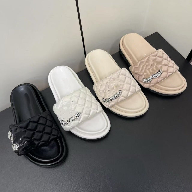Zapatillas acolchadas con botones de diamante para mujer, sandalias casuales de manga cruzada de punta redonda primavera/verano de suela gruesa, versátiles antideslizantes y cómodas para los pies