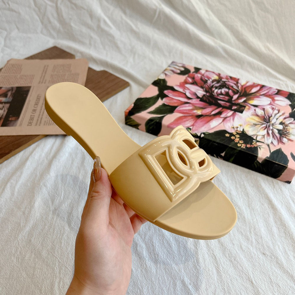 25 sandalias europeas y americanas D New G para mujer casual casual off-line, zapatillas anti-fruta de gelatina, zapatillas planas antideslizantes de playa