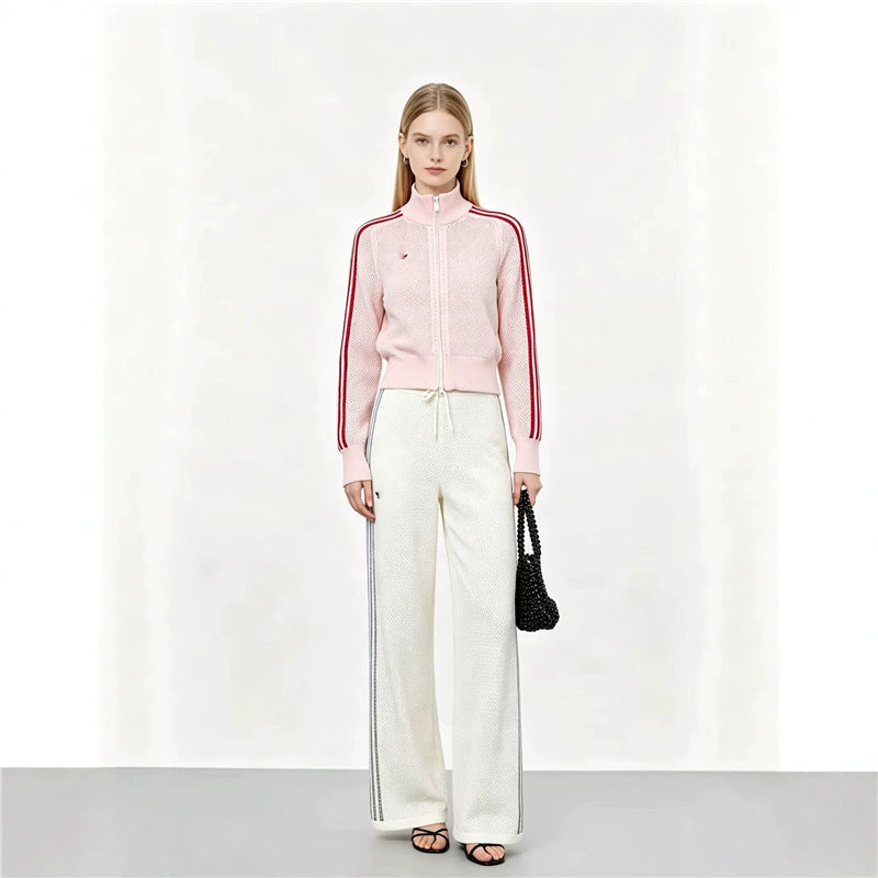 Completo donna in maglia traforata, maglietta a maniche lunghe e pantaloni, due pezzi