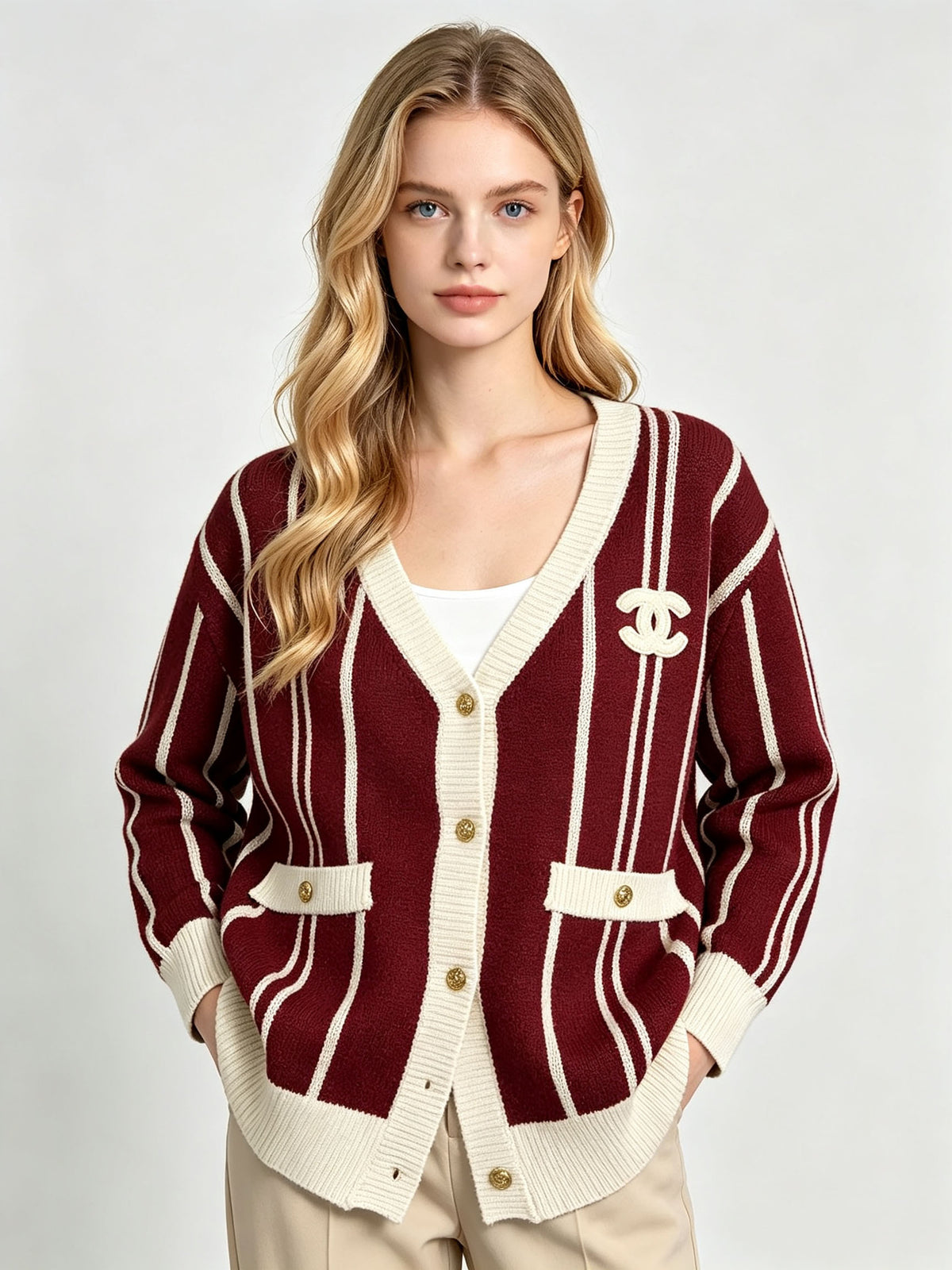 Women's CH cardigan | Vertical stripes and V-neck