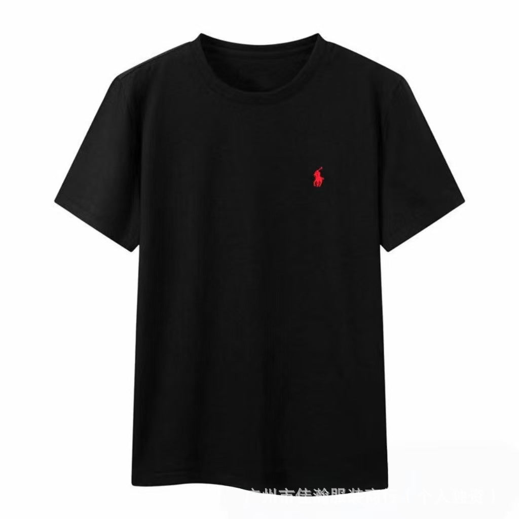 Comercio exterior transfronterizo, camiseta de verano bordada con cuello redondo, camisa base unisex de algodón de manga media, camiseta versátil de manga corta