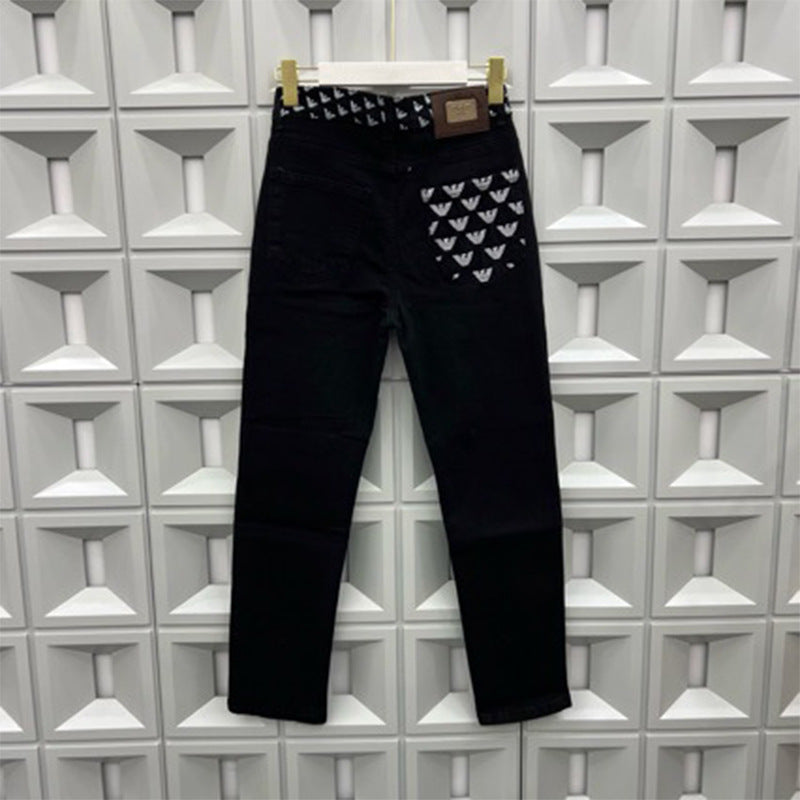 Men's Embroidered Slim Jeans | Black Straight Leg