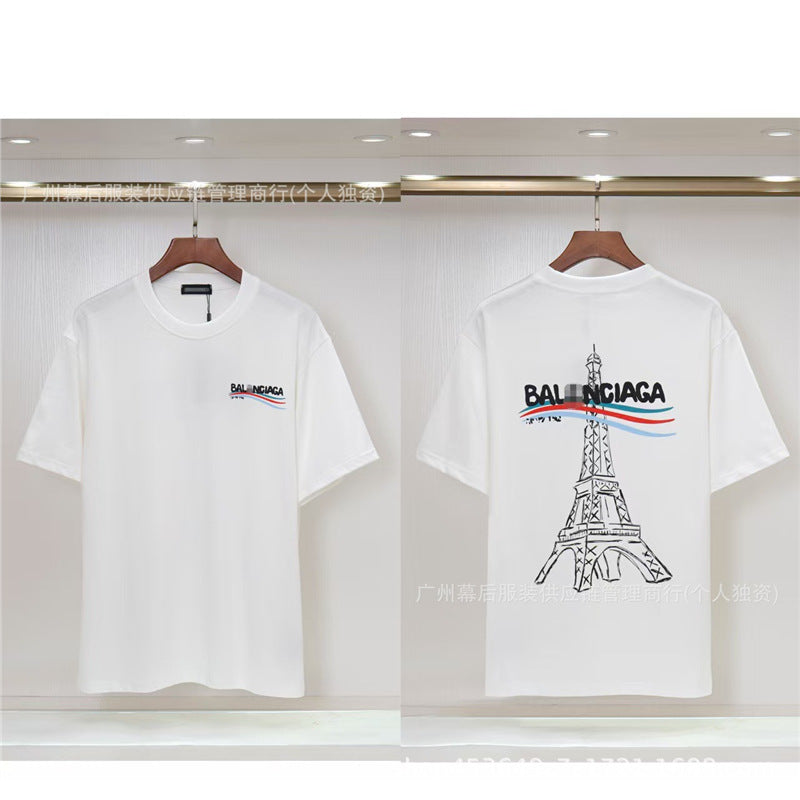 Versión correcta de la tendencia de lujo de París B: 26SS nuevo bordado unisex con cuello redondo, camiseta de algodón de manga corta y manga corta, comercio exterior