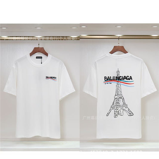 Versión correcta de la tendencia de lujo de París B: 26SS nuevo bordado unisex con cuello redondo, camiseta de algodón de manga corta y manga corta, comercio exterior