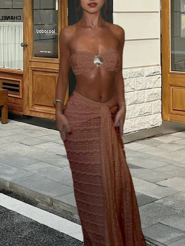 Conjunto de bikini de playa de playa de comercio exterior europeo y americano, falda midi sexy de playa de color sólido, 2025