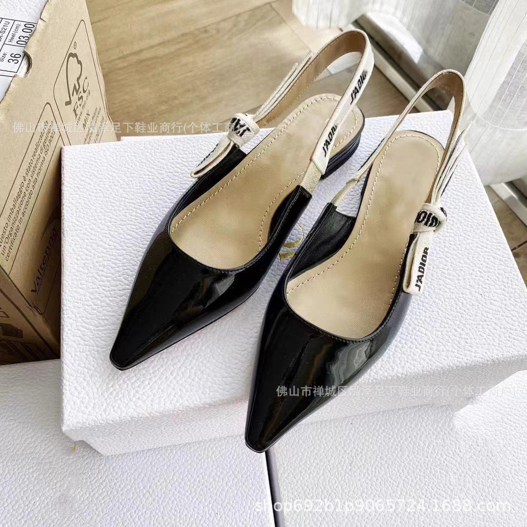 Primavera y otoño 2026 Nuevos tacones altos Zapatos familiares D Lazos de letras bordados Sandalias de cuero genuino Tacones de gato Tacones de aguja para mujer