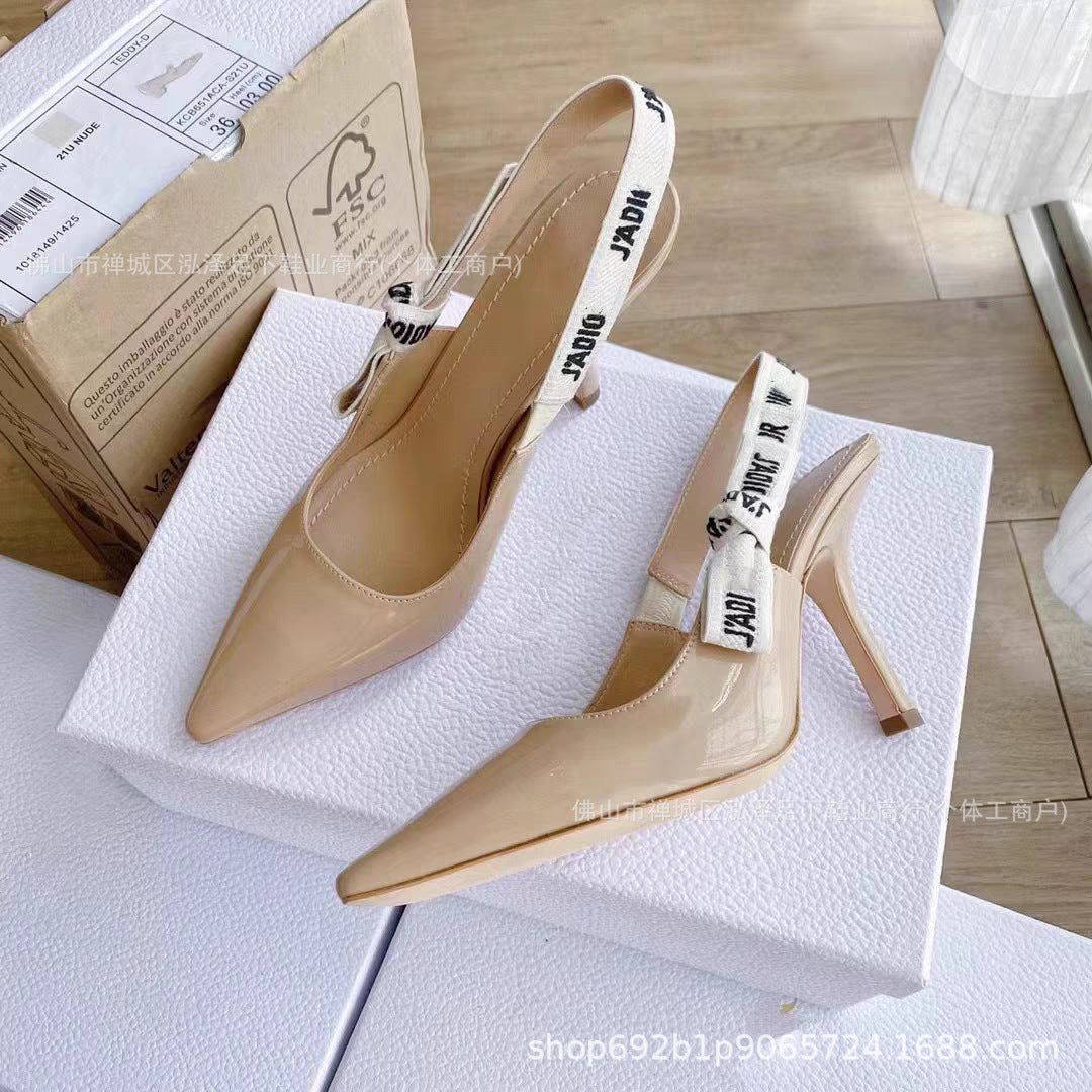 Primavera y otoño 2026 Nuevos tacones altos Zapatos familiares D Lazos de letras bordados Sandalias de cuero genuino Tacones de gato Tacones de aguja para mujer