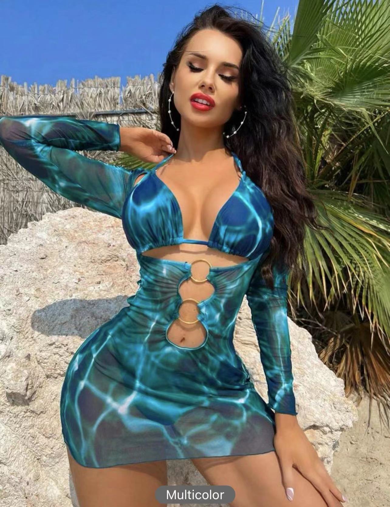 Nuevo bikini de manga larga de manga larga de rejilla de malla multicolor de Amazon 2024 2024