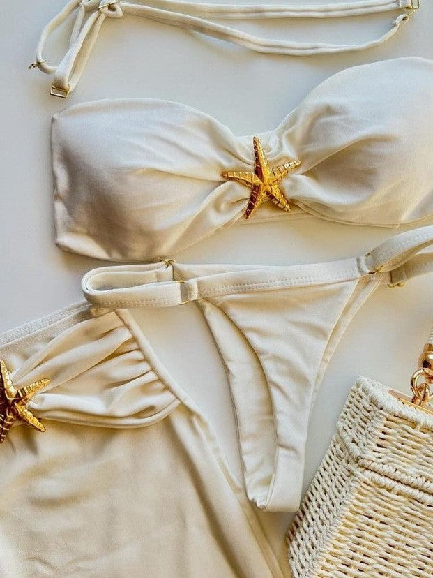 Conjunto de camiseta de tres piezas 2025 nuevo bikini sexy de color sólido con biquinio dividido transfronterizo en un bañador
