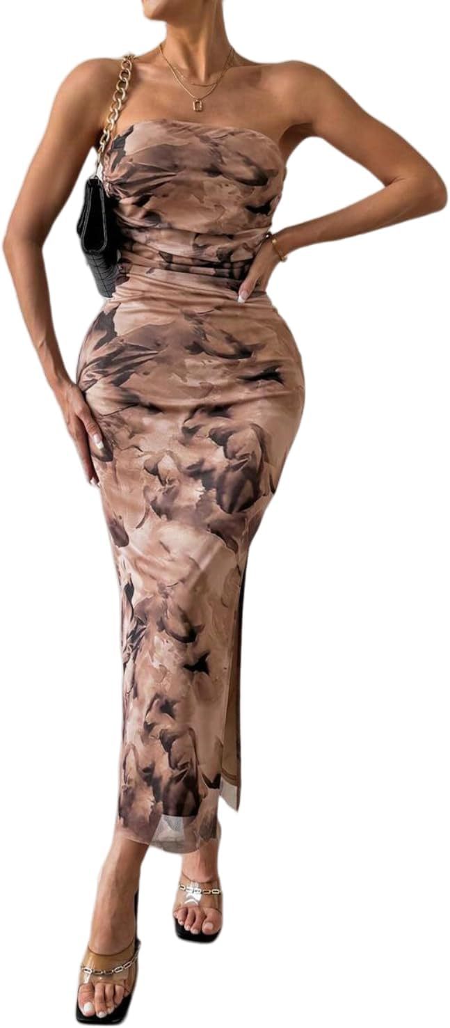 Vestido sin tirantes sin tirantes Shein de Amazon en comercio exterior exterior europeo y estadounidense 2025 con estampado sin mangas y abertura