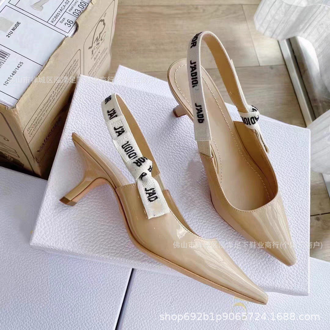 Primavera y otoño 2026 Nuevos tacones altos Zapatos familiares D Lazos de letras bordados Sandalias de cuero genuino Tacones de gato Tacones de aguja para mujer