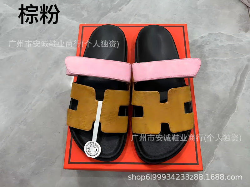 Sandalias Planas Velcro Mujer Suela Gruesa Cuero