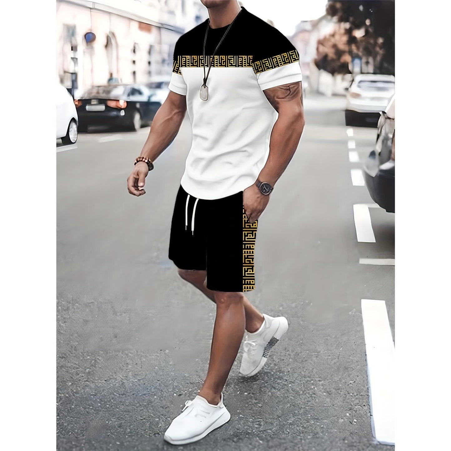 Conjunto casual de hip-hop casual de verano con impresión digital 3D de Amazon de Amazon lleva pantalones cortos de cuello redondo y manga corta sueltos