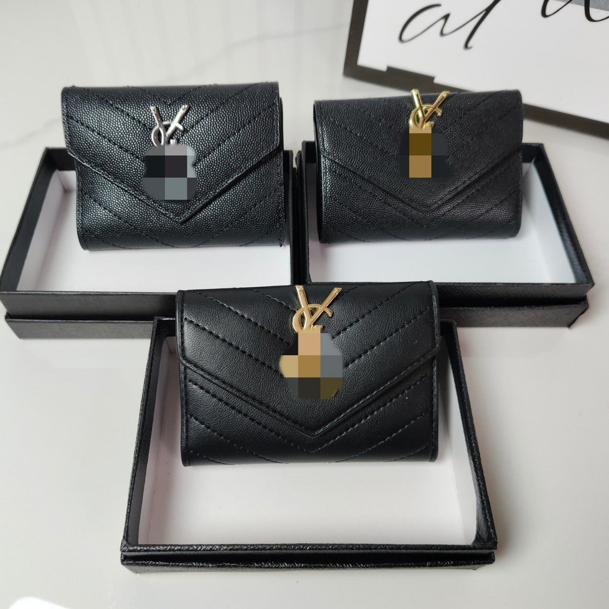 Pequeña fragancia con hilo de bordado, cartera de rejilla de diamantes, bolso de cartón plegable de trío y versatilidad de forma corta y multicard, bolso de cartas de varias tarjetas caviar
