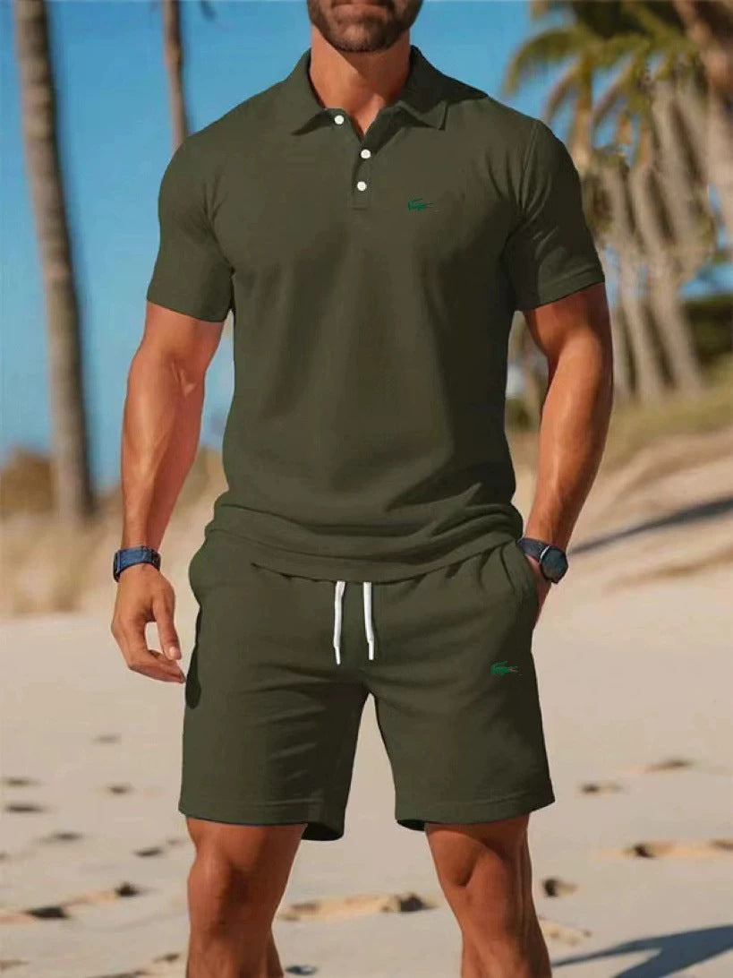 Polo negro de manga corta + pantalones cortos de verano 2026 Conjunto deportivo casual, sencillo, a la moda, de secado rápido, transpirable