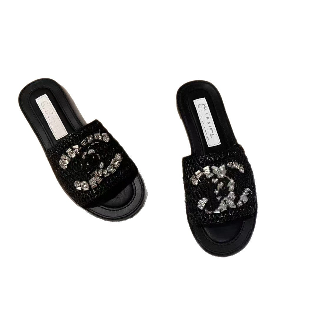 Chanel estilo Little Chanel estilo Double C Heavy Industry de alta calidad para mujer, sandalias planas elegantes y versátiles para ropa exterior