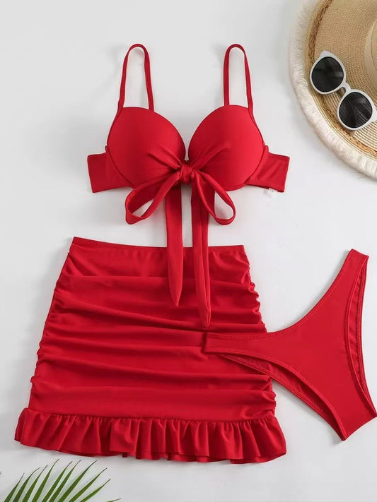 Conjunto de bañador femenino de tres piezas dividido en color sólido transfronterizo, nuevo bañador europeo y estadounidense de alta gama, sensual y ajustado con tirantes