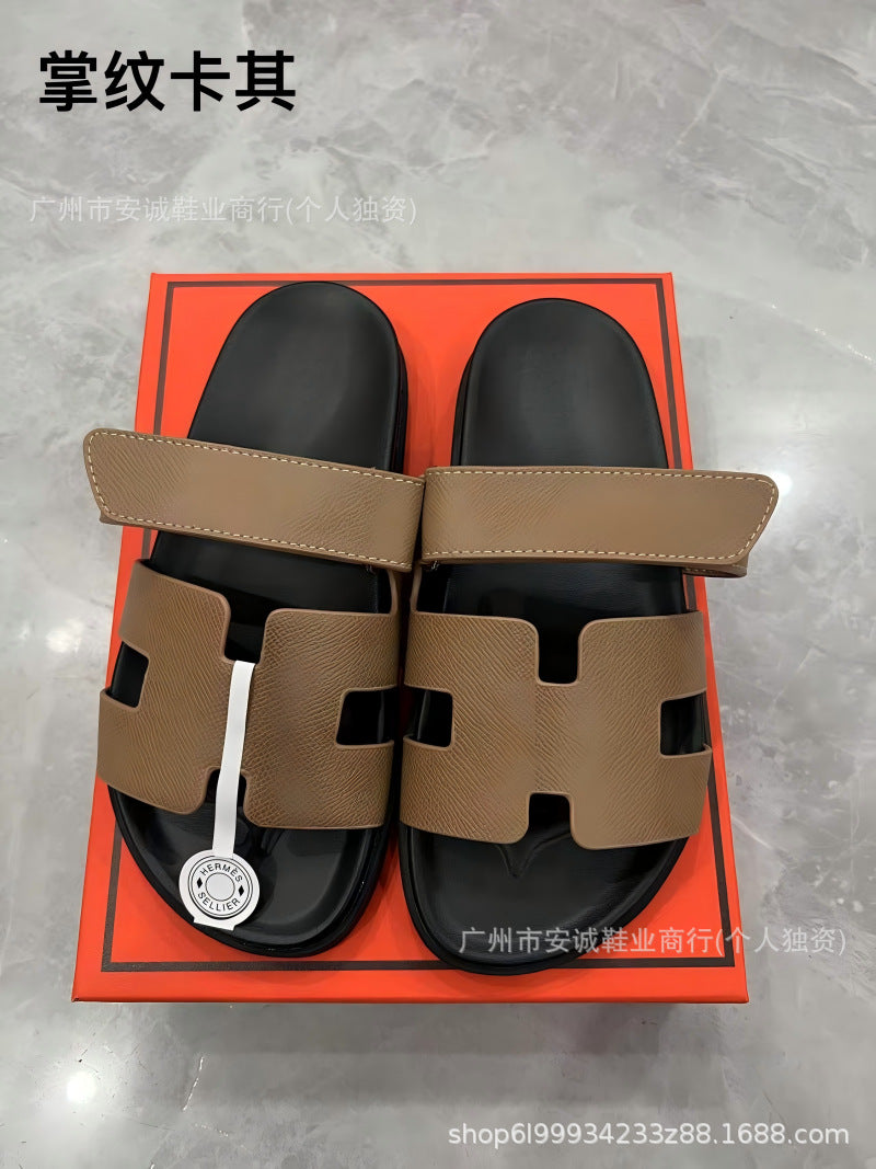 Sandalias Planas Velcro Mujer Suela Gruesa Cuero