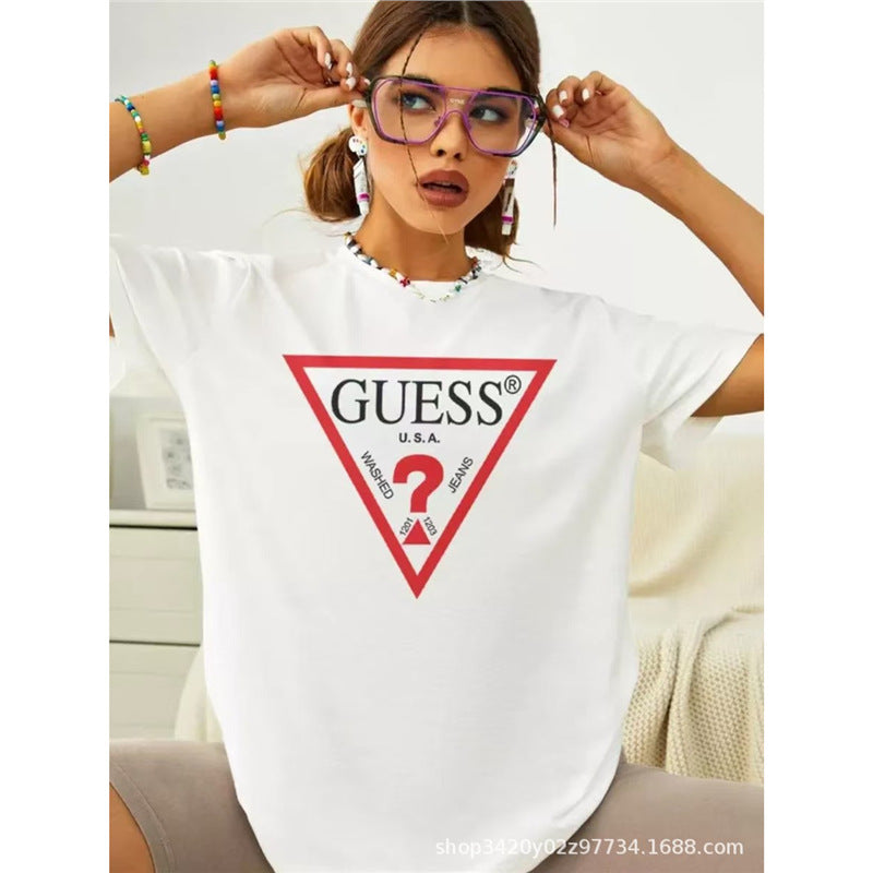 Camiseta de verano, camiseta de largo medio y de largo medio de estilo cross-fronterizo con un top de estilo transfronterizo, camiseta de verano, estampado perezoso de algodón puro, holgada para mujeres