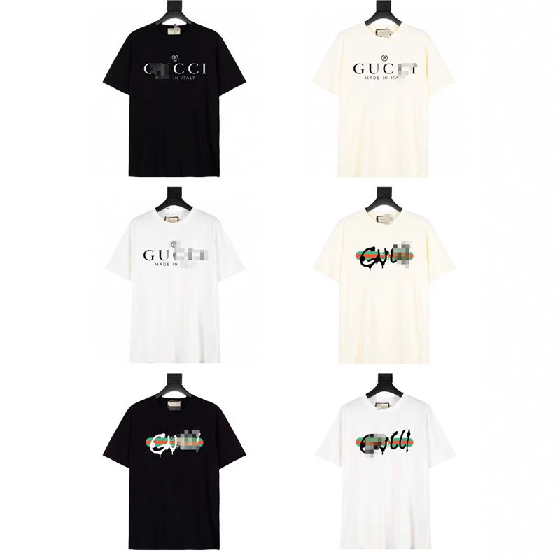 Letra de la familia G, camiseta con estampado de perro de pan, doble anillo, gran logo, manga corta, hombre y mujer de la misma pareja, estilo transfronterizo