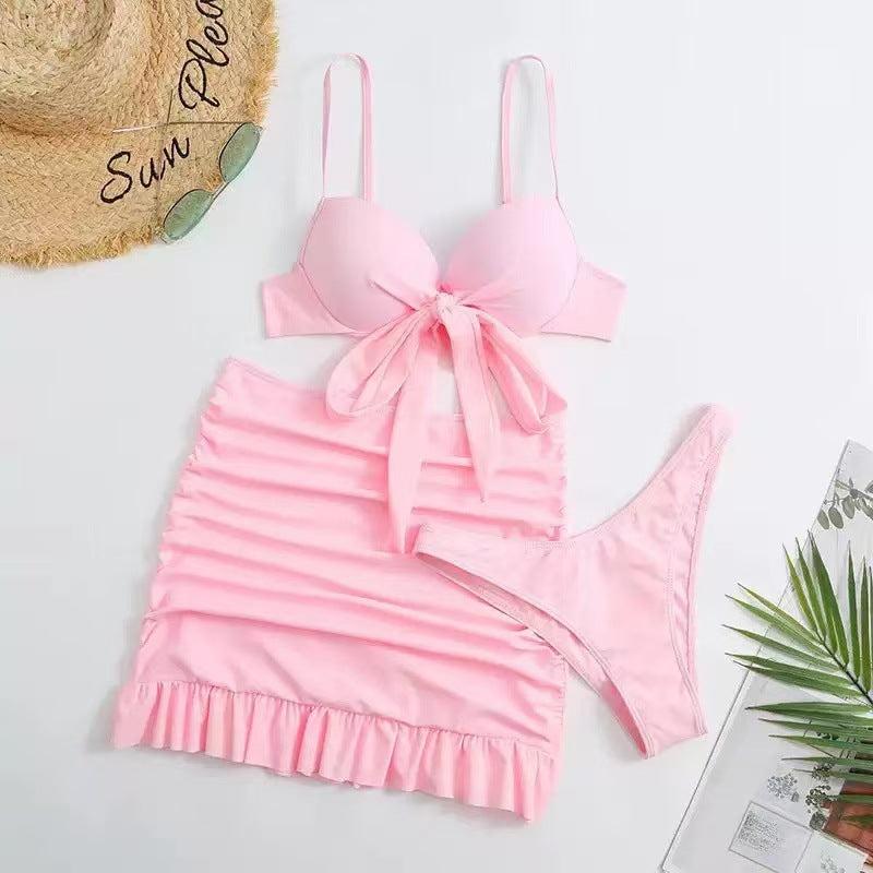Conjunto de bañador femenino de tres piezas dividido en color sólido transfronterizo, nuevo bañador europeo y estadounidense de alta gama, sensual y ajustado con tirantes