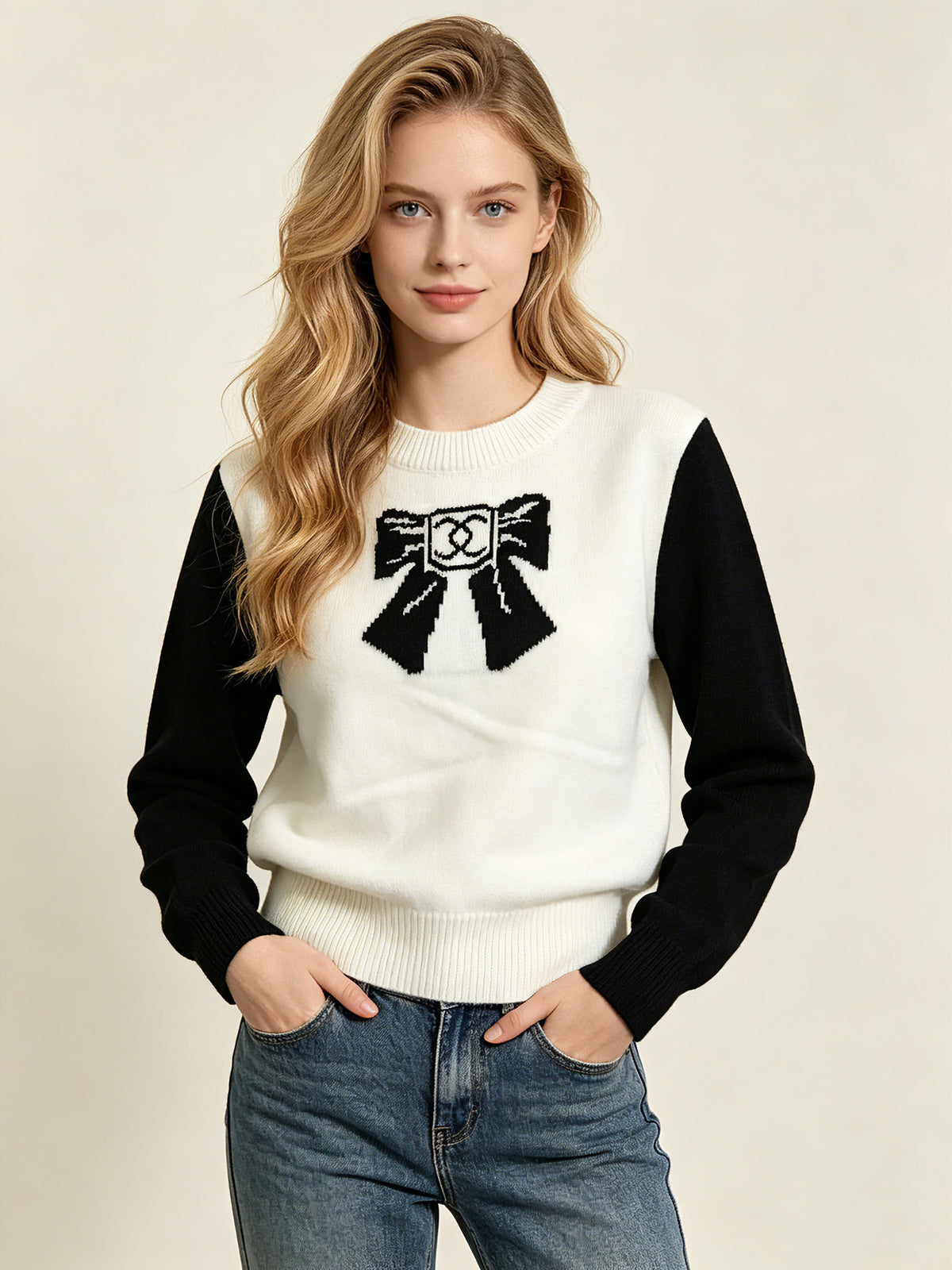 Women's jacquard sweater C | Color block sleeves