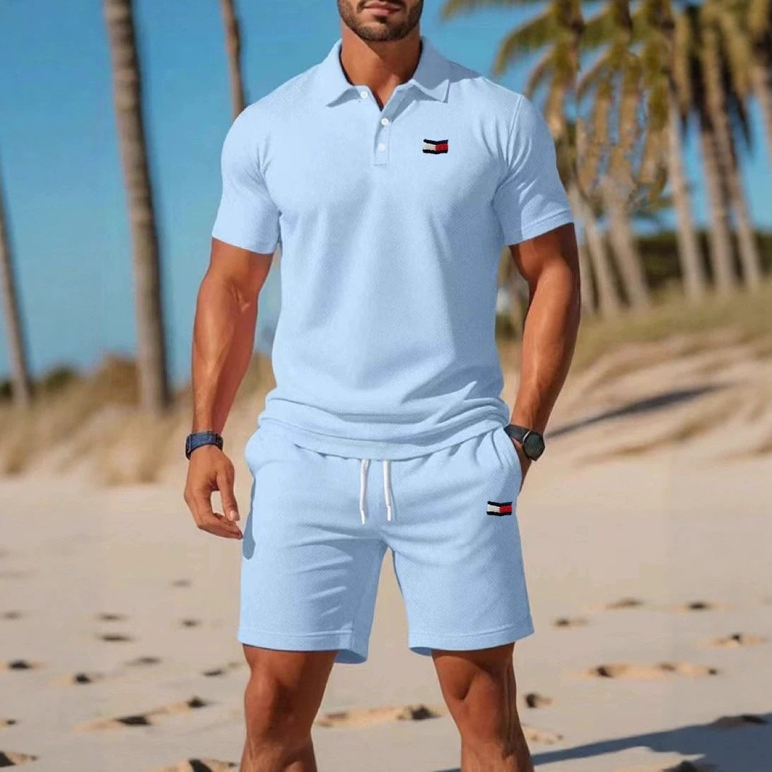 Conjunto casual fino de hombre con estampado Tommy de verano transfronterizo, camiseta corta de manga corta, conjunto de moda informal para hombre