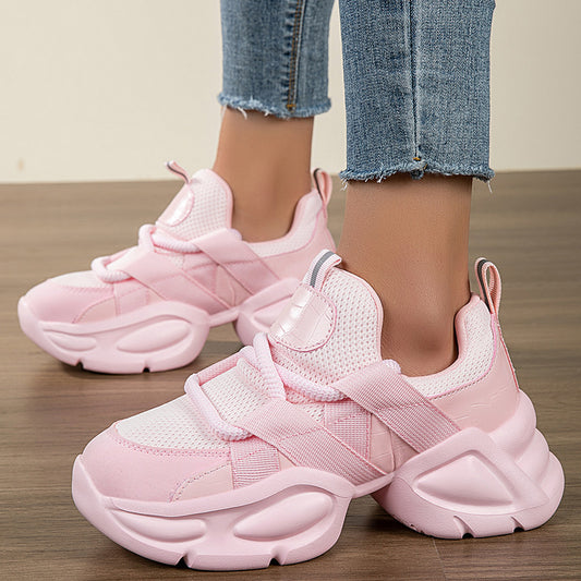Zapatillas de cuero para mujer para papá, nueva altura de plataforma para mujer 2025, aumento de color sólido, salida de color sólido, suela de muffin con cordones y zapatillas deportivas casuales