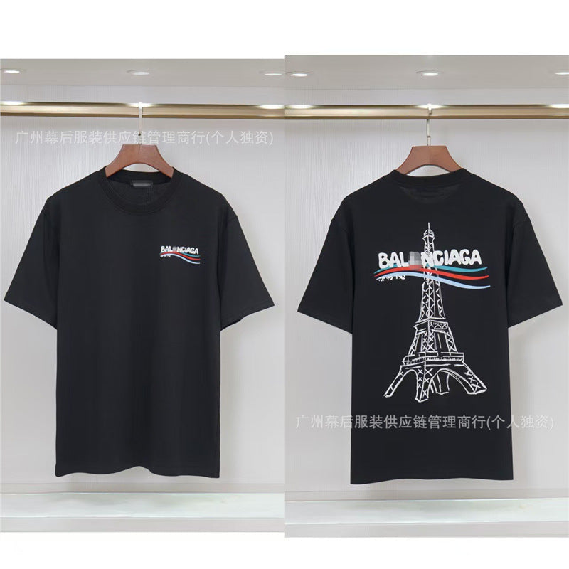 Versión correcta de la tendencia de lujo de París B: 26SS nuevo bordado unisex con cuello redondo, camiseta de algodón de manga corta y manga corta, comercio exterior