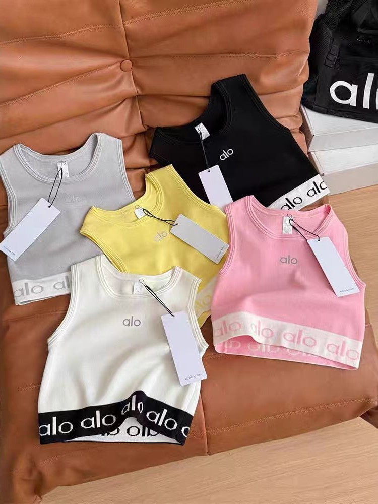 Nuevo verano camiseta deportiva casual sin mangas I-line para mujer slim slim sliming short ribbed con almohadillas de sujetador y camiseta de yoga