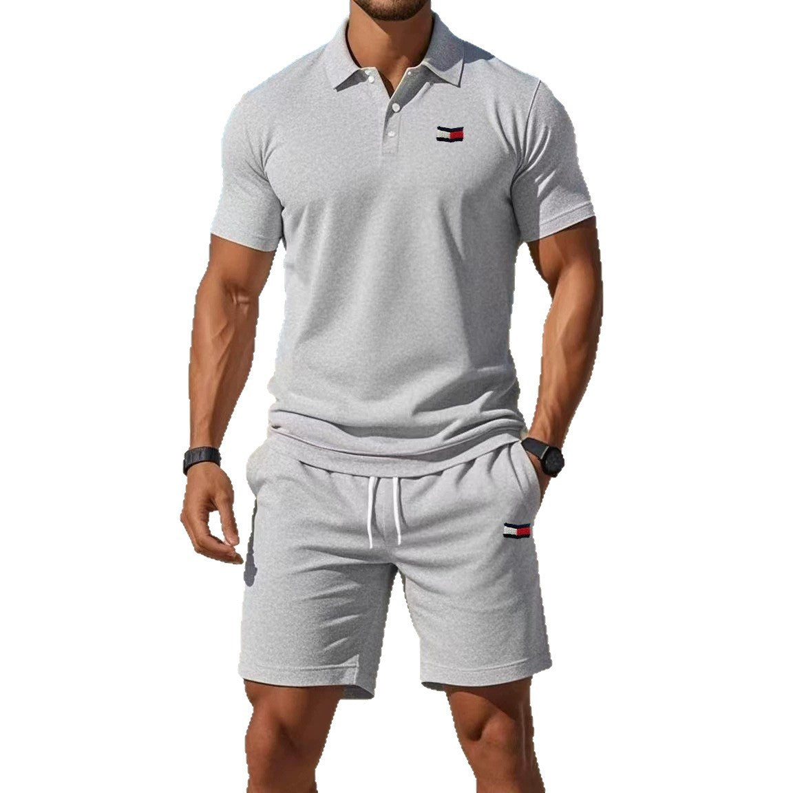 Conjunto casual fino de hombre con estampado Tommy de verano transfronterizo, camiseta corta de manga corta, conjunto de moda informal para hombre