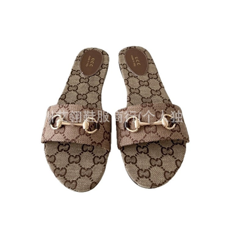 Nuevas sandalias de tacón grueso con tira de una sola tira G Family 2025 para mujer, tacones altos de moda, sandalias de hebilla de caballo para mujer, conjunto de zapatos simples