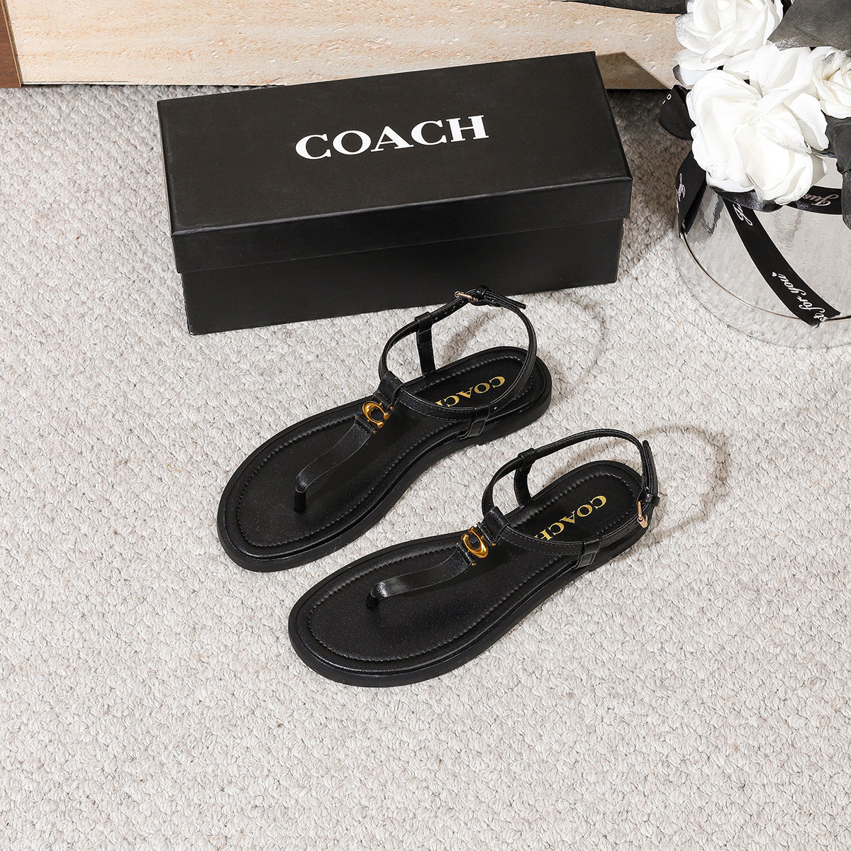Coa Summer Versatile CH Sandalias de cuero genuino con pinzas para mujer, prenda plana Versátil sandalias de espiga romana, talla grande