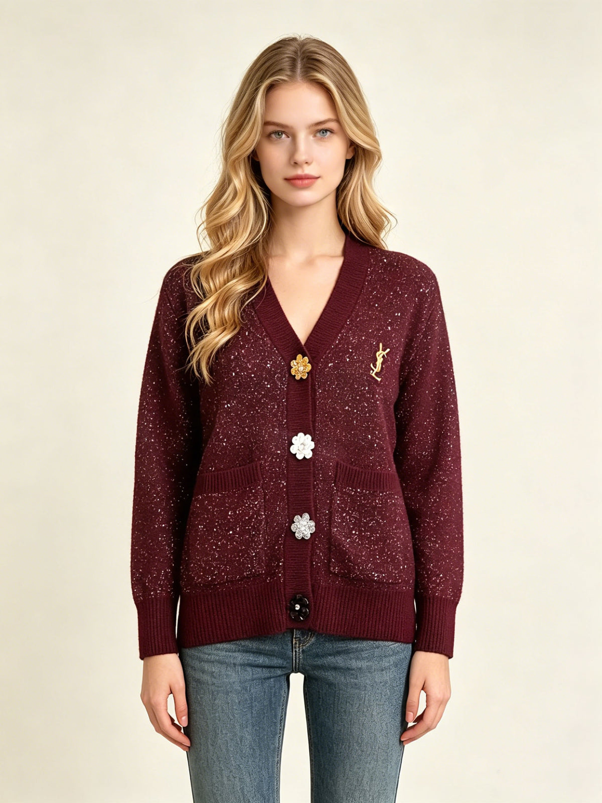 Women's long cardigan Y | Glitter knit and floral buttons