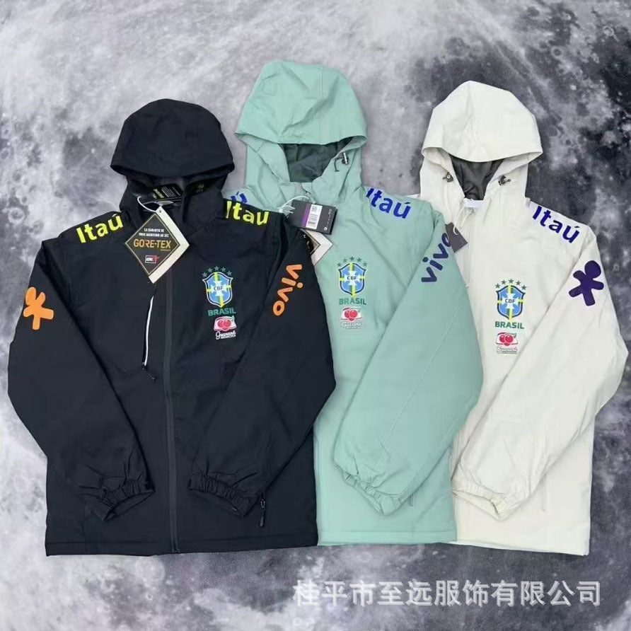 Veste brésilienne, coupe-vent à capuche, veste imperméable coupe-vent, usine d'articles de sport, vêtements d'entraînement de football en gros