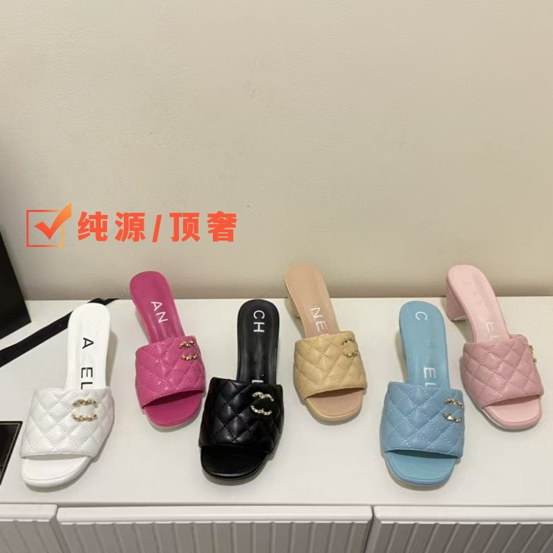 Zapatillas de tacón nuevas estilo Chanel de alta costura de alta costura, tacones altos en forma de diamante, tacones gruesos y zapatillas vintage de cuero genuino