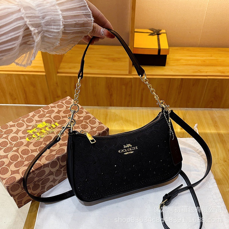 Bolso monograma Koujia con pedrería con media luna y media, nuevo bolso de cadena versátil transfronterizo, bolso bandolero cruzado de un solo hombro