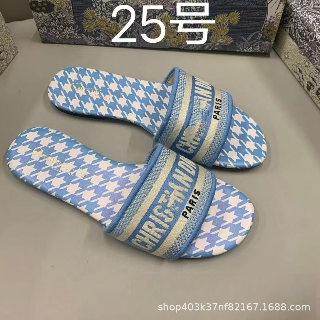 Zapatillas de alta calidad marca D, tallas 1-48, bordados jacquard, zapatillas planas clásicas casuales de playa para mujer
