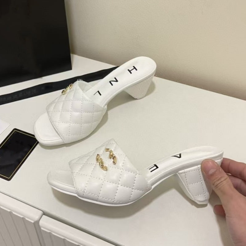 Zapatillas de tacón nuevas estilo Chanel de alta costura de alta costura, tacones altos en forma de diamante, tacones gruesos y zapatillas vintage de cuero genuino