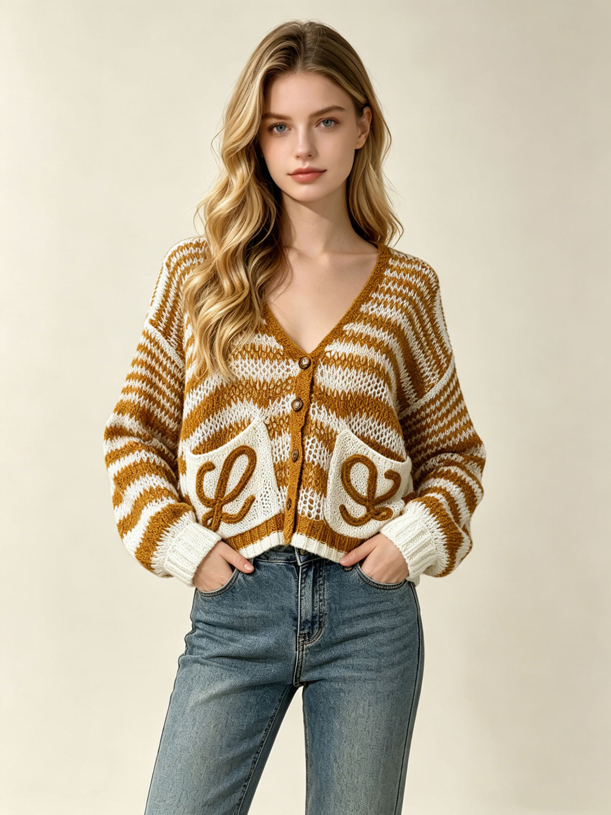 Women's fine cardigan L | Stripes and pockets | Luxury Markt