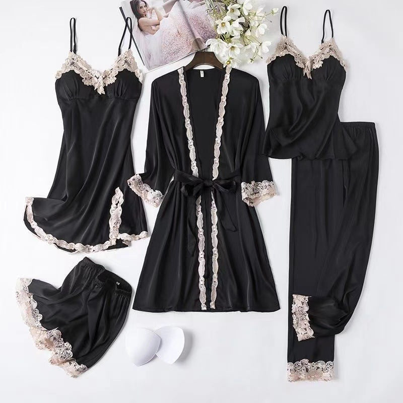 Nuevos pijamas transfronterizos para el comercio exterior con protectores en el pecho, camisetas de seda sexys, conjunto dorado de cinco piezas florales y ropa cómoda fina